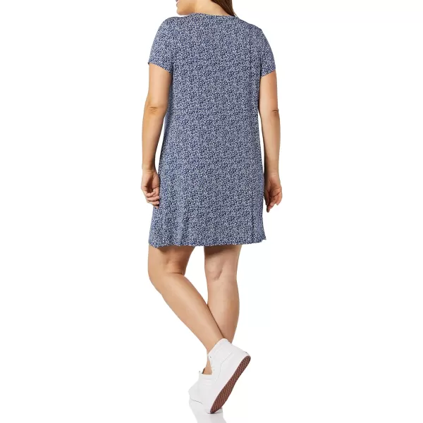 Amazon Essentials Womens ShortSleeve Scoop Neck Swing Dress Available in Plus SizeRayon Blend Navy Animal Print