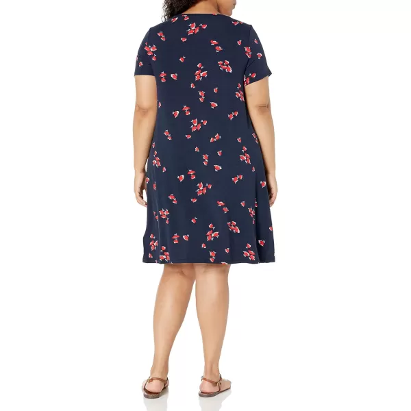 Amazon Essentials Womens ShortSleeve Scoop Neck Swing Dress Available in Plus SizeRayon Blend Navy Red Tulips