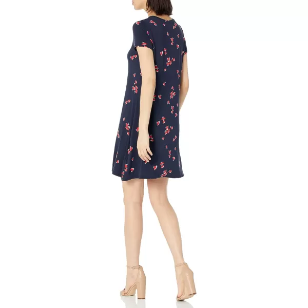 Amazon Essentials Womens ShortSleeve Scoop Neck Swing Dress Available in Plus SizeRayon Blend Navy Tulips