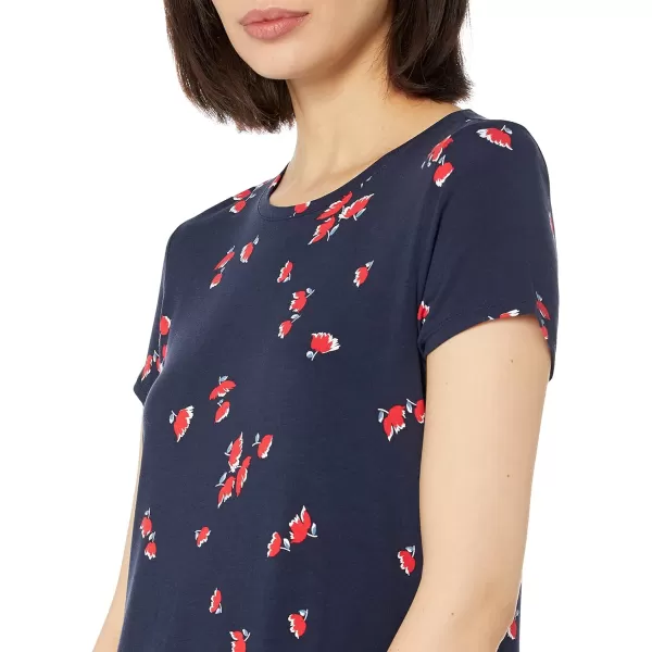 Amazon Essentials Womens ShortSleeve Scoop Neck Swing Dress Available in Plus SizeRayon Blend Navy Tulips