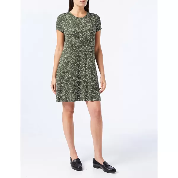 Amazon Essentials Womens ShortSleeve Scoop Neck Swing Dress Available in Plus SizeRayon Blend Olive Dots