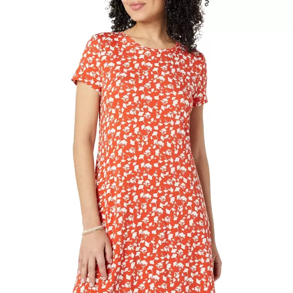 Amazon Essentials Womens ShortSleeve Scoop Neck Swing Dress Available in Plus SizeRayon Blend Red Floral Print