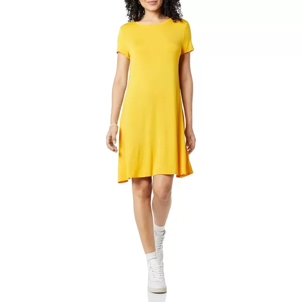 Amazon Essentials Womens ShortSleeve Scoop Neck Swing Dress Available in Plus SizeRayon Blend Yellow