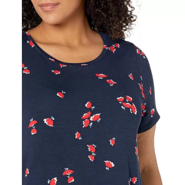 Amazon Essentials Womens ShortSleeve Scoop Neck Swing Dress Available in Plus SizeSustainably Sourced Rayon Blend Navy Red Tulips