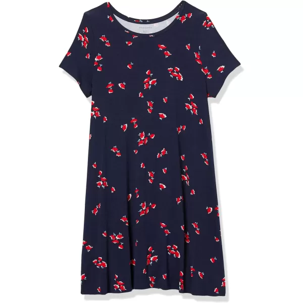 Amazon Essentials Womens ShortSleeve Scoop Neck Swing Dress Available in Plus SizeSustainably Sourced Rayon Blend Navy Red Tulips