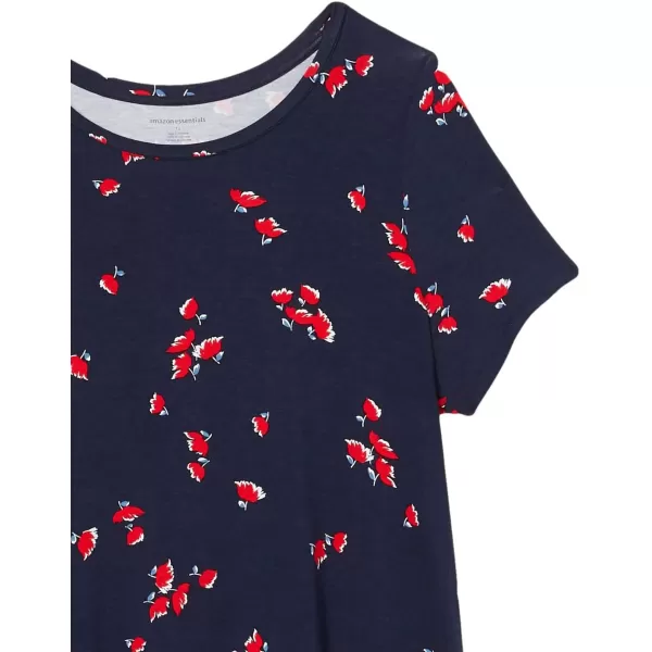 Amazon Essentials Womens ShortSleeve Scoop Neck Swing Dress Available in Plus SizeSustainably Sourced Rayon Blend Navy Red Tulips