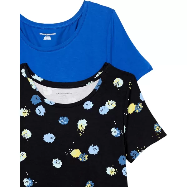 Amazon Essentials Womens ShortSleeve Scoopneck Tunic Pack of 2Rayon Blend Black FloralBright Blue