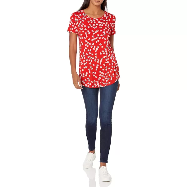 Amazon Essentials Womens ShortSleeve Scoopneck Tunic Pack of 2Rayon Blend NavyRed Flowers