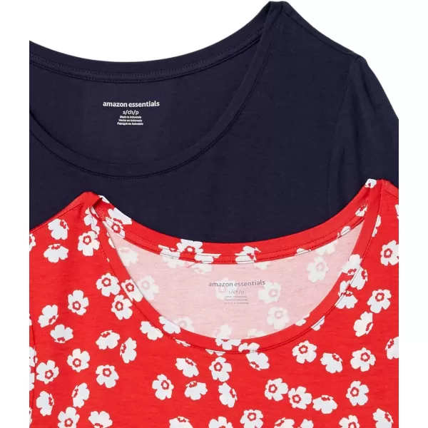 Amazon Essentials Womens ShortSleeve Scoopneck Tunic Pack of 2Rayon Blend NavyRed Flowers