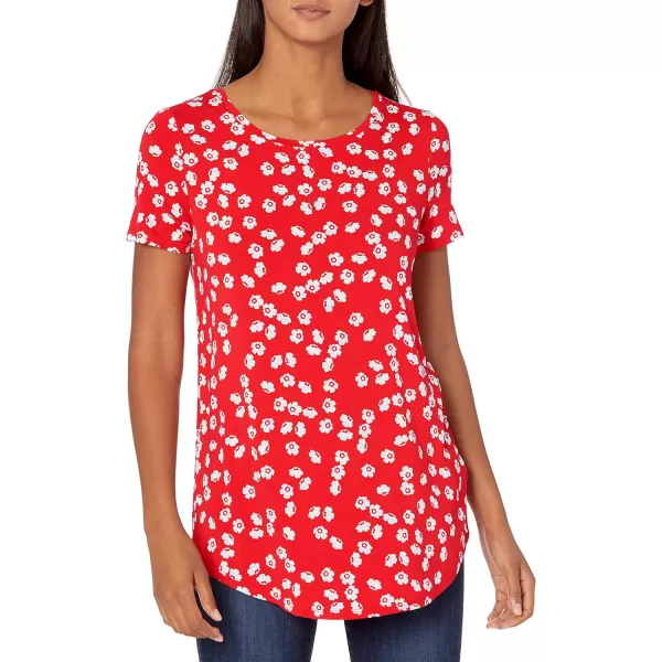 Amazon Essentials Womens ShortSleeve Scoopneck Tunic Pack of 2Rayon Blend NavyRed Flowers