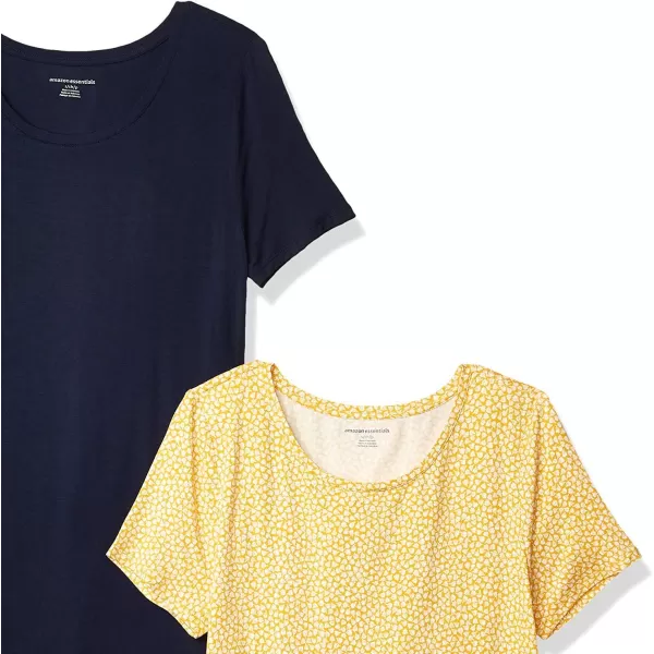 Amazon Essentials Womens ShortSleeve Scoopneck Tunic Pack of 2Rayon Blend NavyYellow Tulips