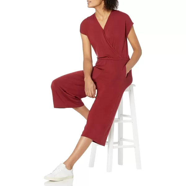 Amazon Essentials Womens ShortSleeve Surplice Cropped WideLeg JumpsuitBurgundy