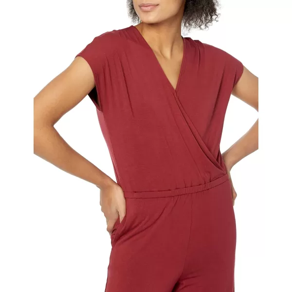 Amazon Essentials Womens ShortSleeve Surplice Cropped WideLeg JumpsuitBurgundy