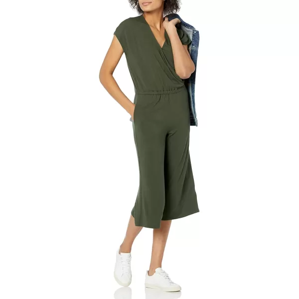 Amazon Essentials Womens ShortSleeve Surplice Cropped WideLeg JumpsuitDark Olive