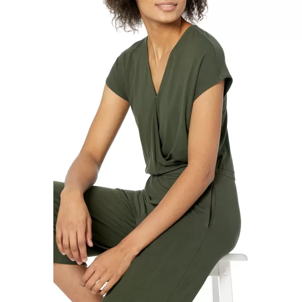 Amazon Essentials Womens ShortSleeve Surplice Cropped WideLeg JumpsuitDark Olive