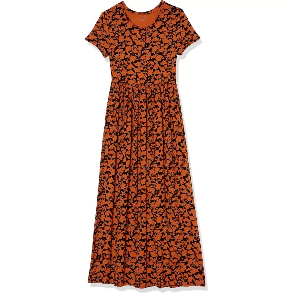 Amazon Essentials Womens ShortSleeve Waisted Maxi Dress Available in Plus SizeRayon Blend Black Brown Floral Print