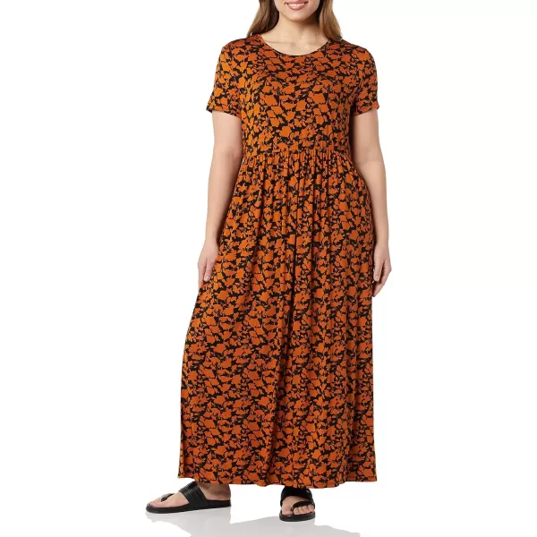 Amazon Essentials Womens ShortSleeve Waisted Maxi Dress Available in Plus SizeRayon Blend Black Brown Floral Print