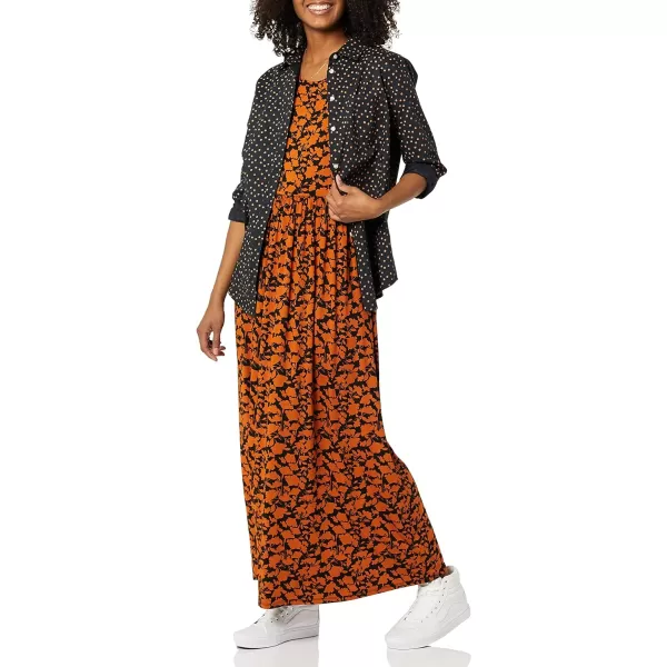 Amazon Essentials Womens ShortSleeve Waisted Maxi Dress Available in Plus SizeRayon Blend Black Brown Floral Print