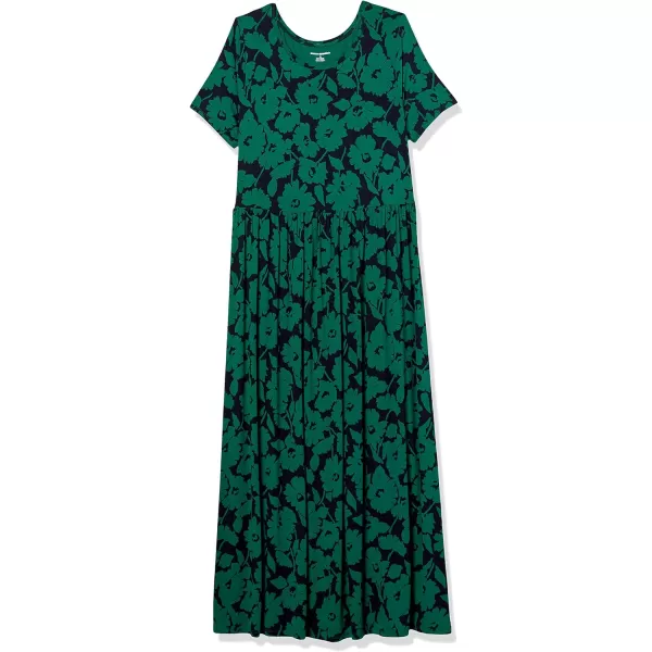 Amazon Essentials Womens ShortSleeve Waisted Maxi Dress Available in Plus SizeRayon Blend GreenNavy Abstract Floral