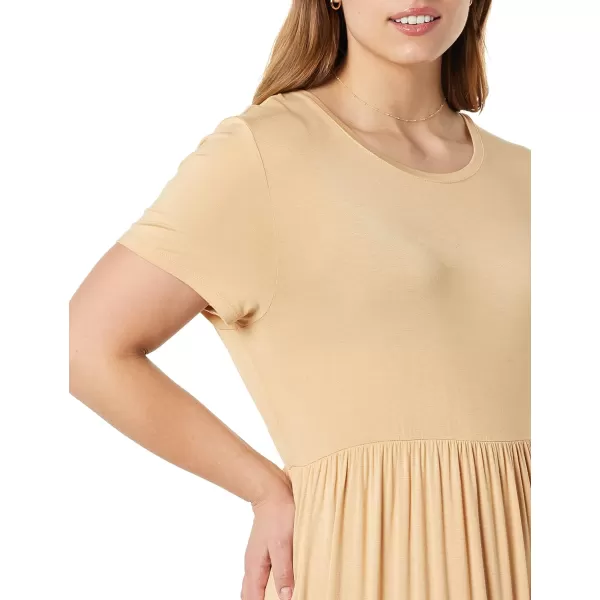 Amazon Essentials Womens ShortSleeve Waisted Maxi Dress Available in Plus SizeRayon Blend Light Camel