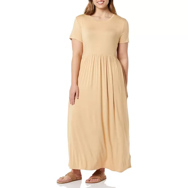 Amazon Essentials Womens ShortSleeve Waisted Maxi Dress Available in Plus SizeRayon Blend Light Camel