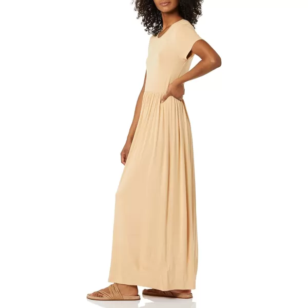 Amazon Essentials Womens ShortSleeve Waisted Maxi Dress Available in Plus SizeRayon Blend Light Camel