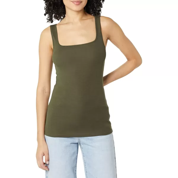 Amazon Essentials Womens Slim Fit Square Neck Tank Pack of 2BlackDark Olive