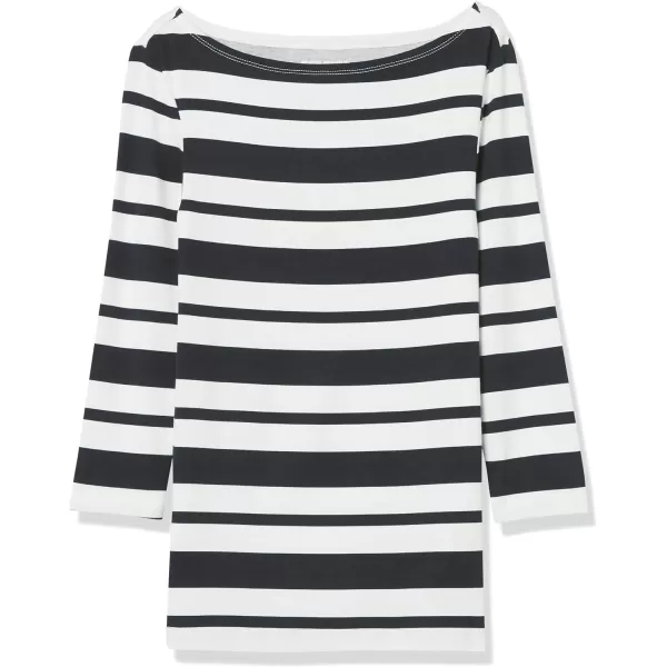 Amazon Essentials Womens SlimFit 34 Sleeve Solid Boat Neck TShirtBlack White Placed Stripe