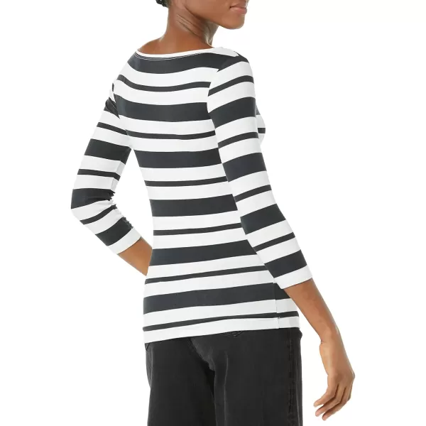 Amazon Essentials Womens SlimFit 34 Sleeve Solid Boat Neck TShirtBlack White Placed Stripe