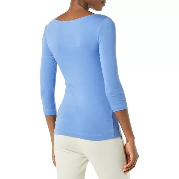 Amazon Essentials Womens SlimFit 34 Sleeve Solid Boat Neck TShirtBlue