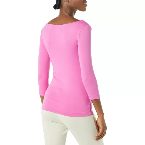 Amazon Essentials Womens SlimFit 34 Sleeve Solid Boat Neck TShirtBright Pink