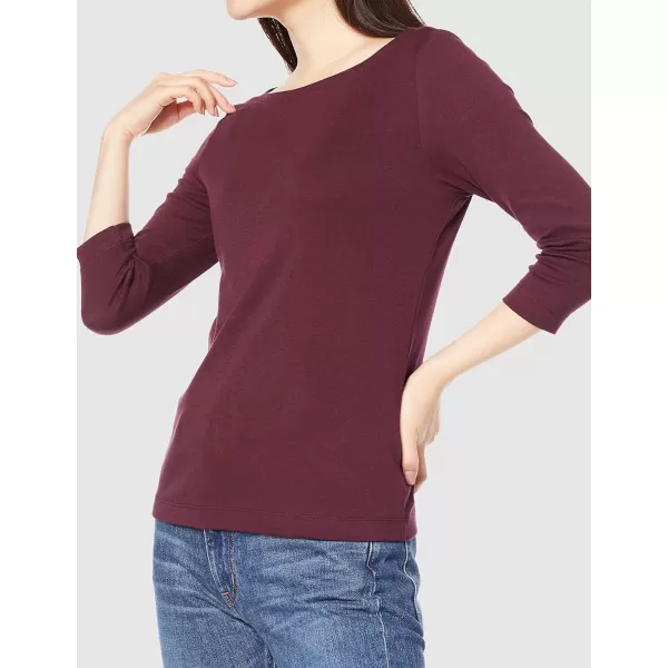 Amazon Essentials Womens SlimFit 34 Sleeve Solid Boat Neck TShirtBurgundy