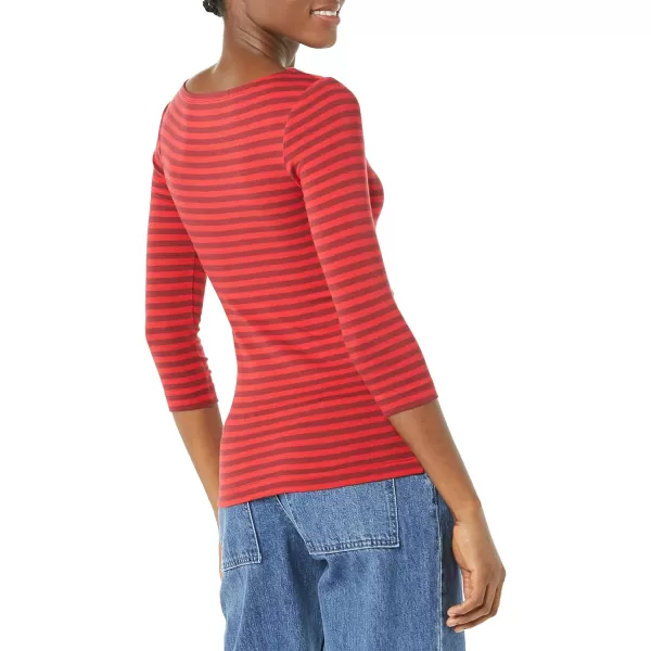 Amazon Essentials Womens SlimFit 34 Sleeve Solid Boat Neck TShirtRed Burgundy Stripe