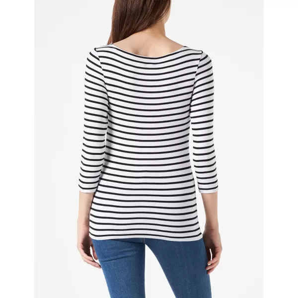 Amazon Essentials Womens SlimFit 34 Sleeve Solid Boat Neck TShirtWhite Stripe