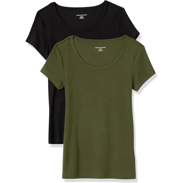 Amazon Essentials Womens SlimFit CapSleeve Scoop Neck TShirt Pack of 2Dark OliveBlack