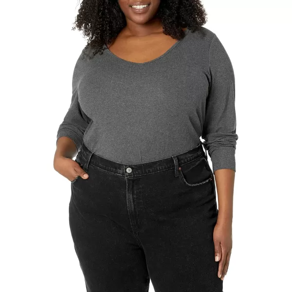 Amazon Essentials Womens SlimFit Layering Long Sleeve Knit Rib VNeck Available in Plus Size Pack of 2BlackCharcoal Heather