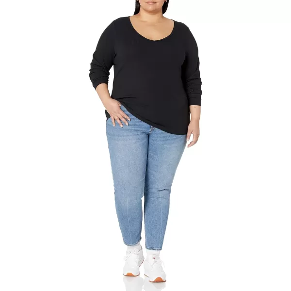 Amazon Essentials Womens SlimFit Layering Long Sleeve Knit Rib VNeck Available in Plus Size Pack of 2Eggshell WhiteBlack