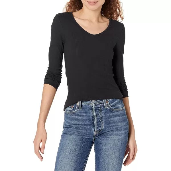 Amazon Essentials Womens SlimFit Layering Long Sleeve Knit Rib VNeck Available in Plus Size Pack of 2Eggshell WhiteBlack