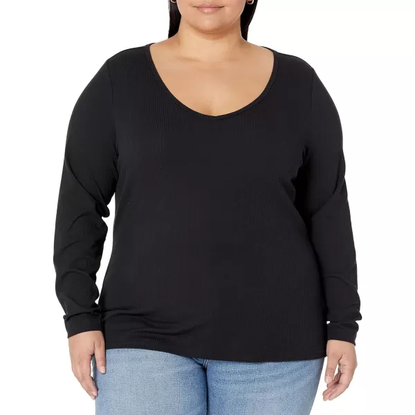 Amazon Essentials Womens SlimFit Layering Long Sleeve Knit Rib VNeck Available in Plus Size Pack of 2Eggshell WhiteBlack