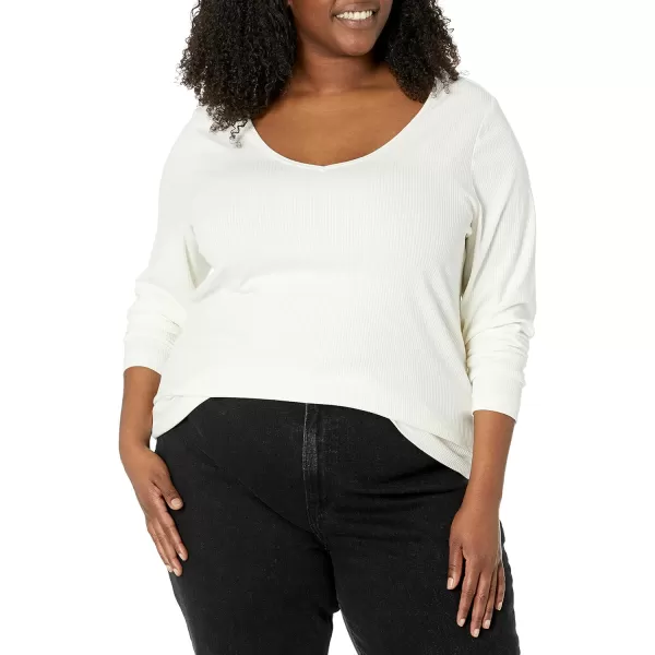 Amazon Essentials Womens SlimFit Layering Long Sleeve Knit Rib VNeck Available in Plus Size Pack of 2Eggshell WhiteEspresso