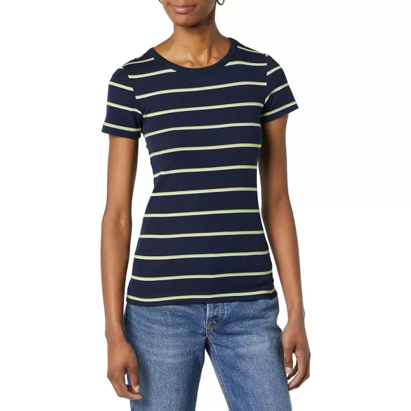 Amazon Essentials Womens SlimFit ShortSleeve Crewneck TShirt Pack of 2BlackNavy Horizontal Stripe