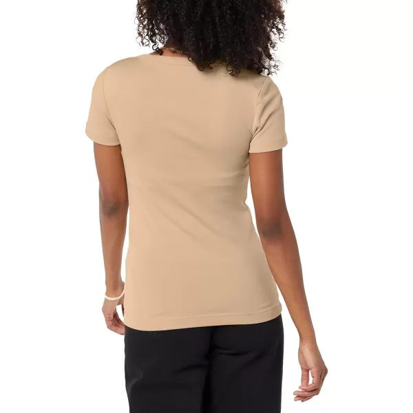 Amazon Essentials Womens SlimFit ShortSleeve Crewneck TShirt Pack of 2WhiteLight Camel