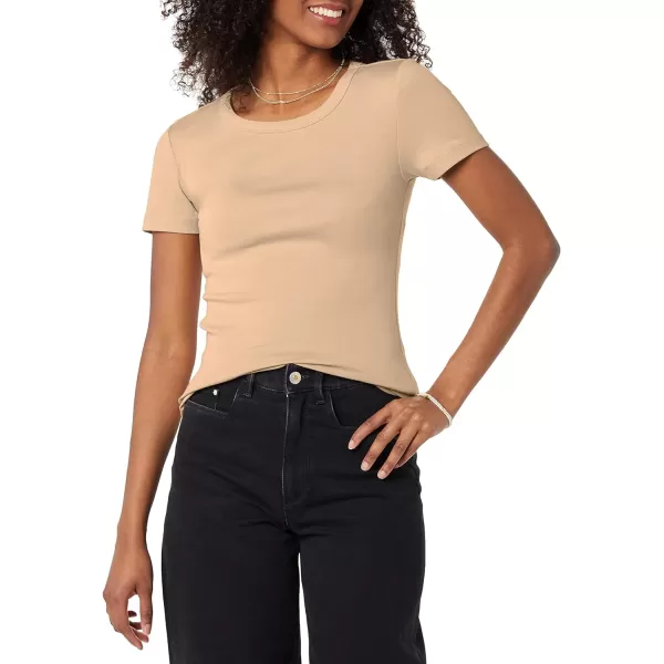 Amazon Essentials Womens SlimFit ShortSleeve Crewneck TShirt Pack of 2WhiteLight Camel