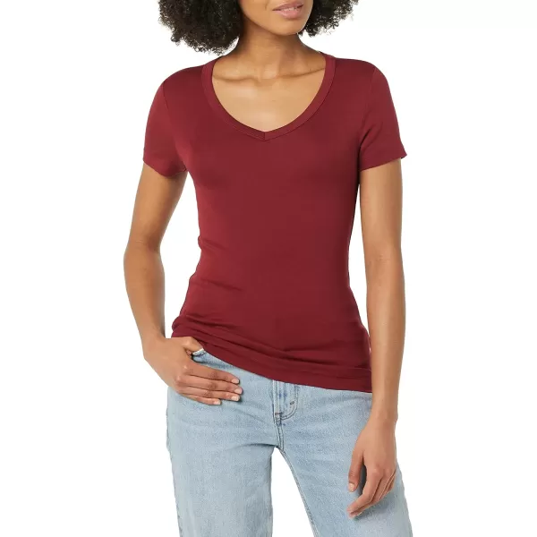 Amazon Essentials Womens SlimFit ShortSleeve VNeck TShirt Pack of 2BlackBurgundy