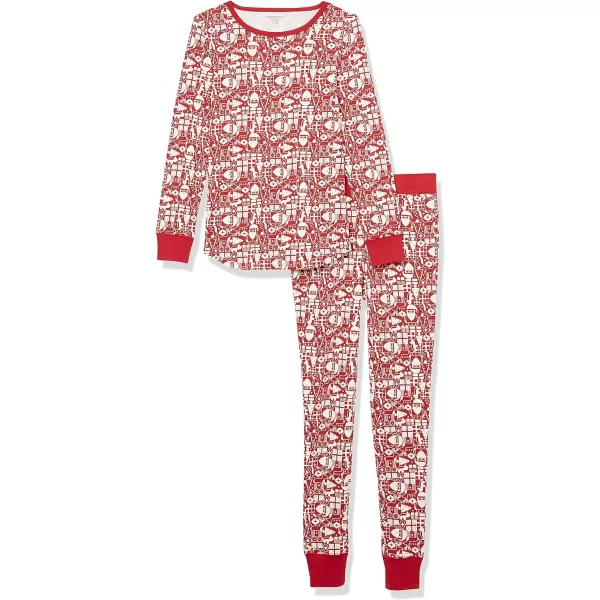 Amazon Essentials Womens SnugFit Cotton Pajama Set Available in Plus SizeRed Mono Santa