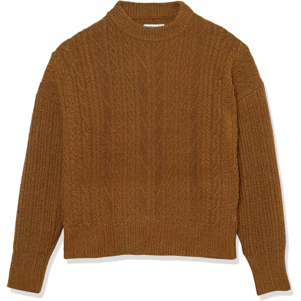 Amazon Essentials Womens SoftTouch Modern Cable Crewneck Sweater Available in Plus SizeDark Camel