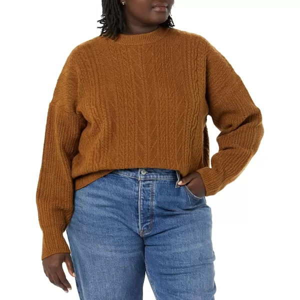 Amazon Essentials Womens SoftTouch Modern Cable Crewneck Sweater Available in Plus SizeDark Camel