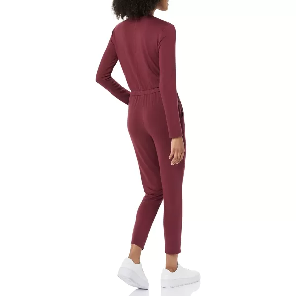 Amazon Essentials Womens Supersoft Terry LongSleeve VNeck Wrap Jumpsuit Previously Daily RitualDark Burgundy