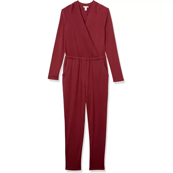 Amazon Essentials Womens Supersoft Terry LongSleeve VNeck Wrap Jumpsuit Previously Daily RitualDark Burgundy