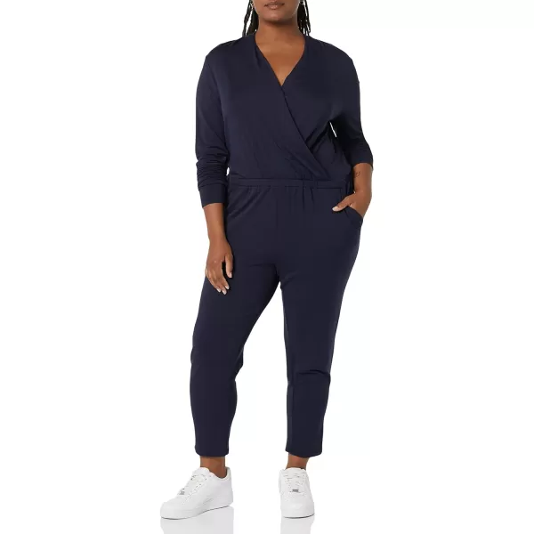 Amazon Essentials Womens Supersoft Terry LongSleeve VNeck Wrap Jumpsuit Previously Daily RitualNavy